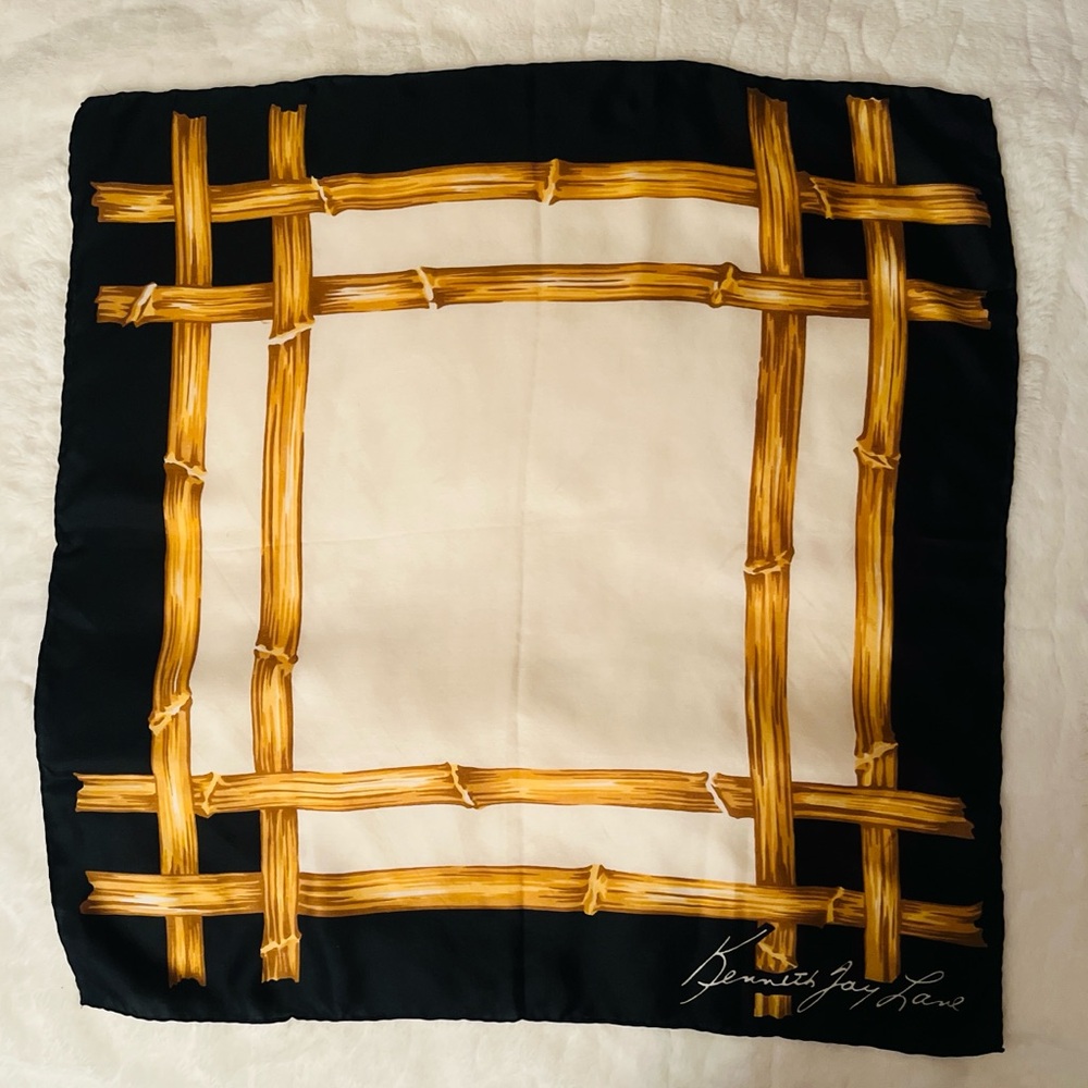 Vintage Kenneth Jay Lane silk charmeuse scarf with a bamboo trellis pattern.